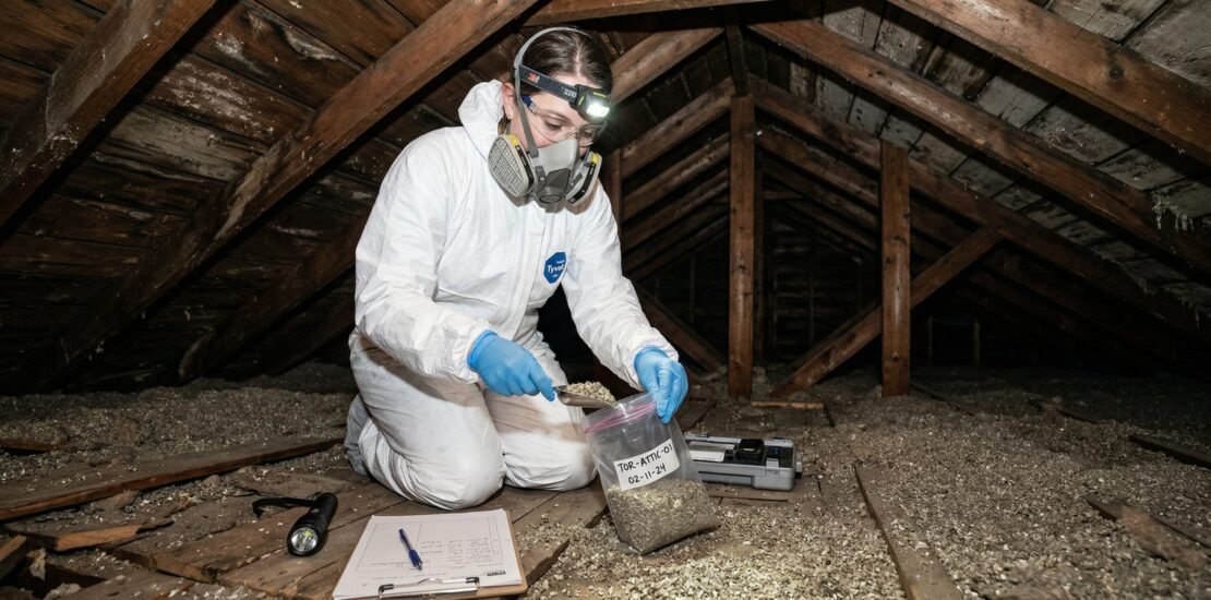 Environmental consultant collecting a building material sample during a Designated Substance Survey in Ontario