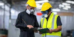 Two workers in hard hats and half-face respirators review a tablet and clipboard together inside an industrial facility.