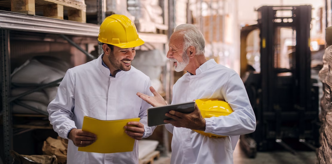 Two men in white work coats, one in a yellow hard hat, talk in a warehouse aisle while looking over a yellow folder and a tablet.